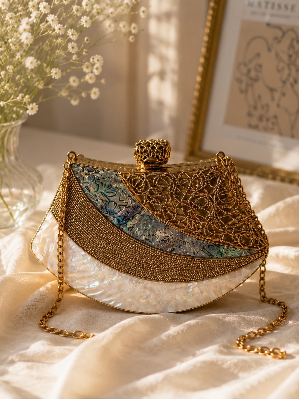 Gold Filigree Evening Clutch with Mother-of-Pearl Inlay